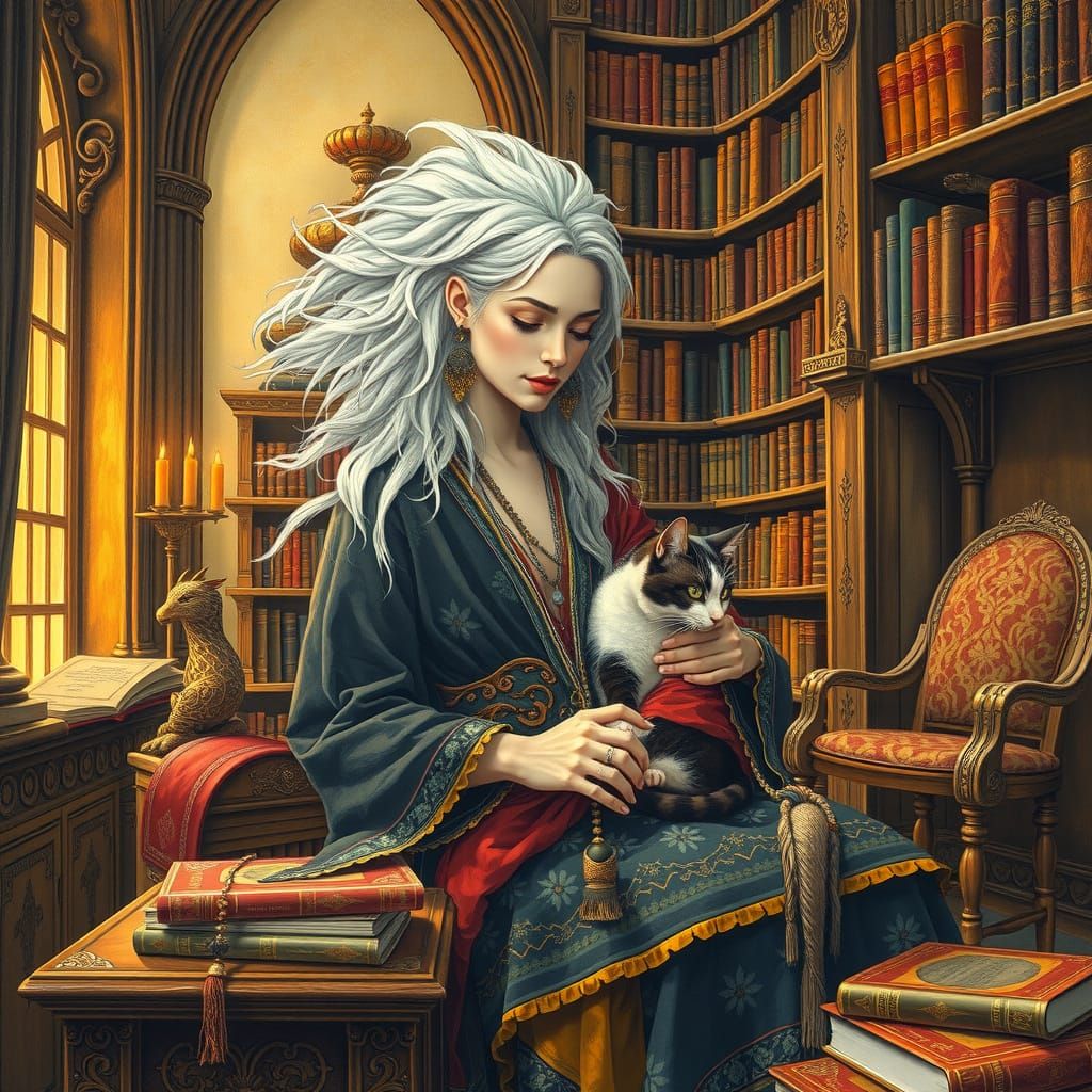 Whimsical Library Siren in Aubrey Beardsley's Style