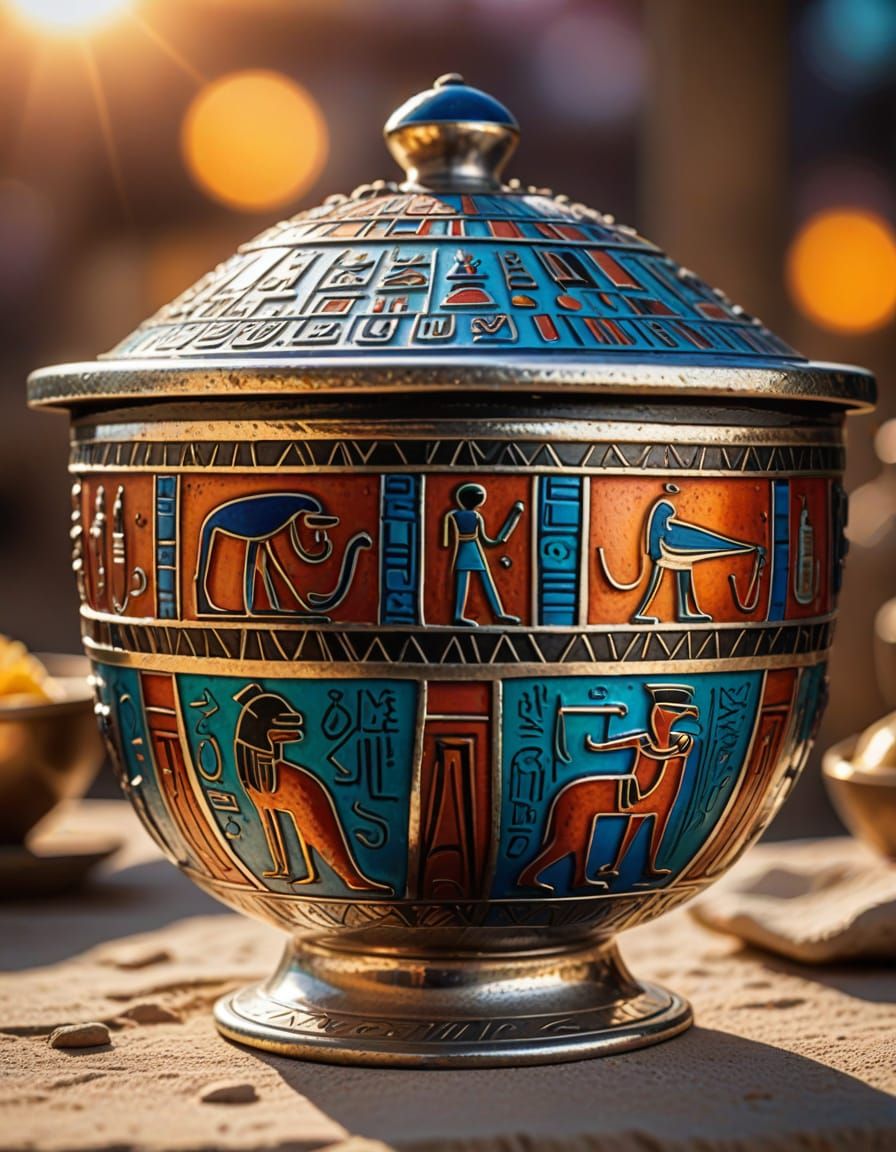 Egyptian Enamel Bowl with Silver Base in Sunset Light