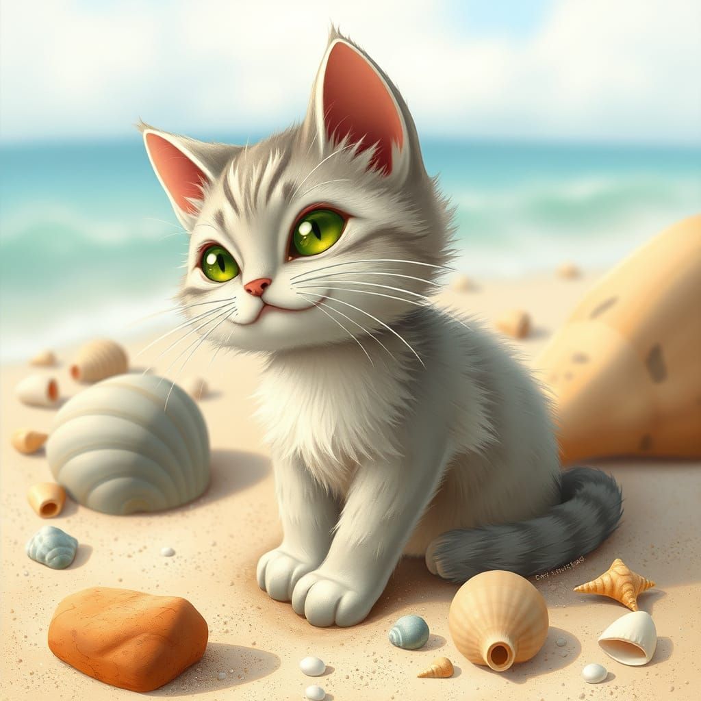 Grey Kitten on Beach in Surreal Style