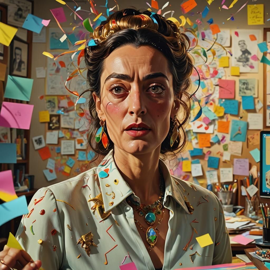 Comedy Producer in Vibrant Office: Expressionist Splash Art