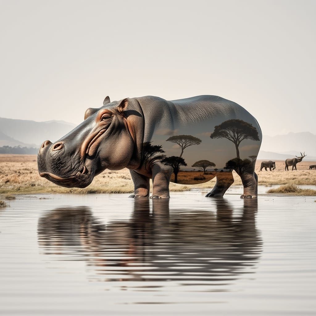 Serengeti Hippo in Vibrant Double Exposure