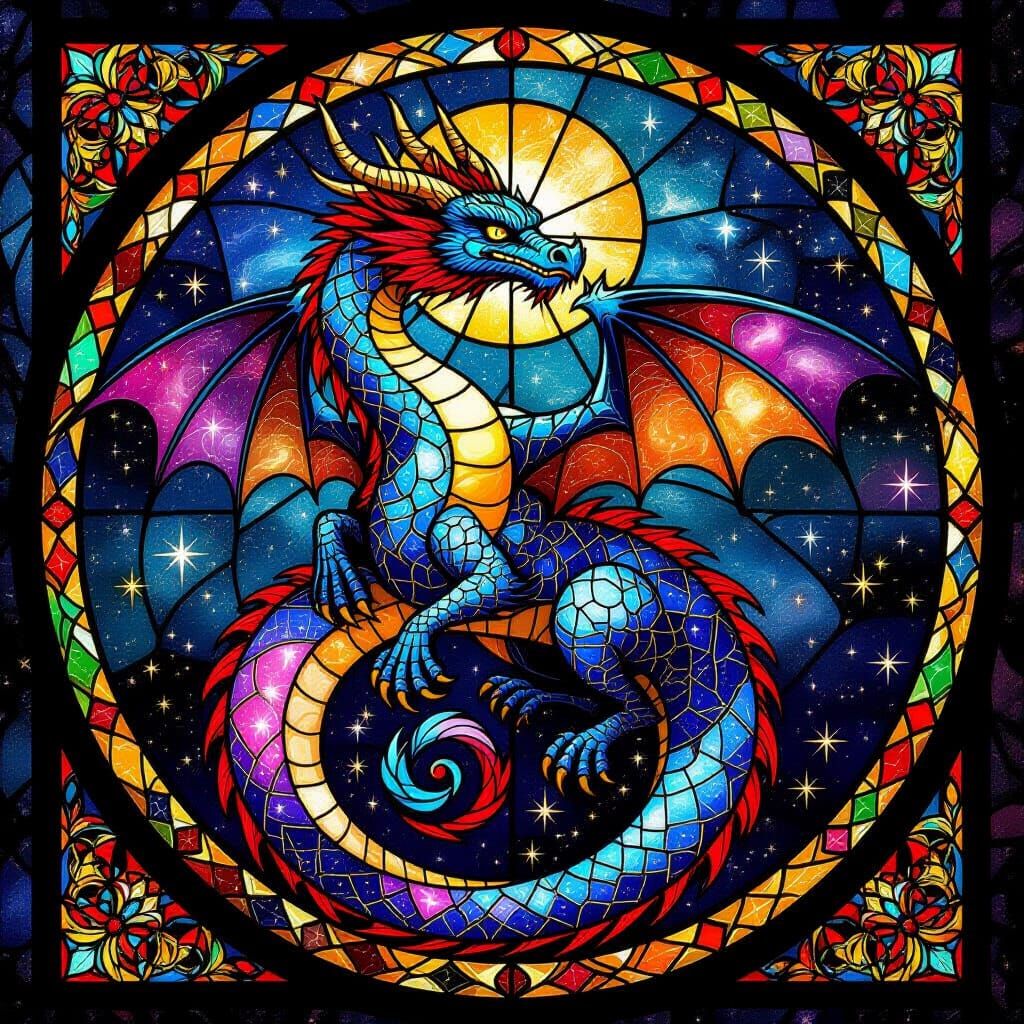Celestial Dragon in Vibrant Stained Glass Style