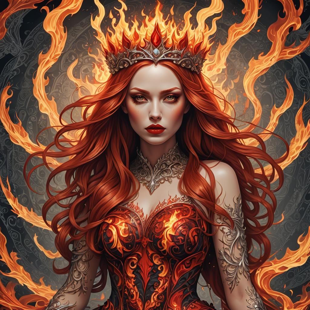Fiery Girl with Flame Crown in Abstract Style