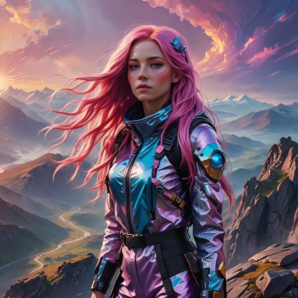 Futuristic Pink-Haired Traveler on Mountain Top