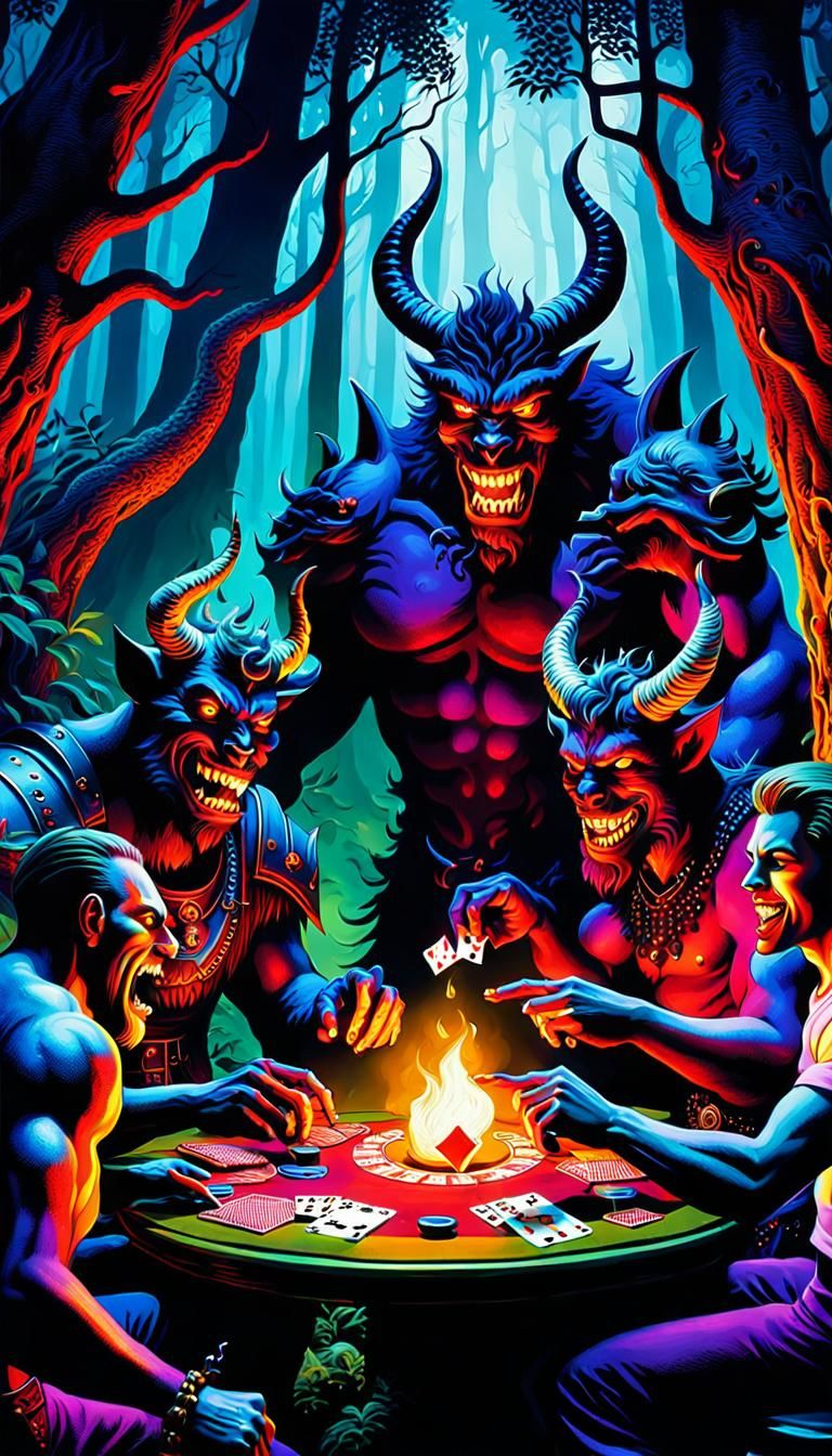 Demons' Poker Night in a Retro Fantasy Landscape