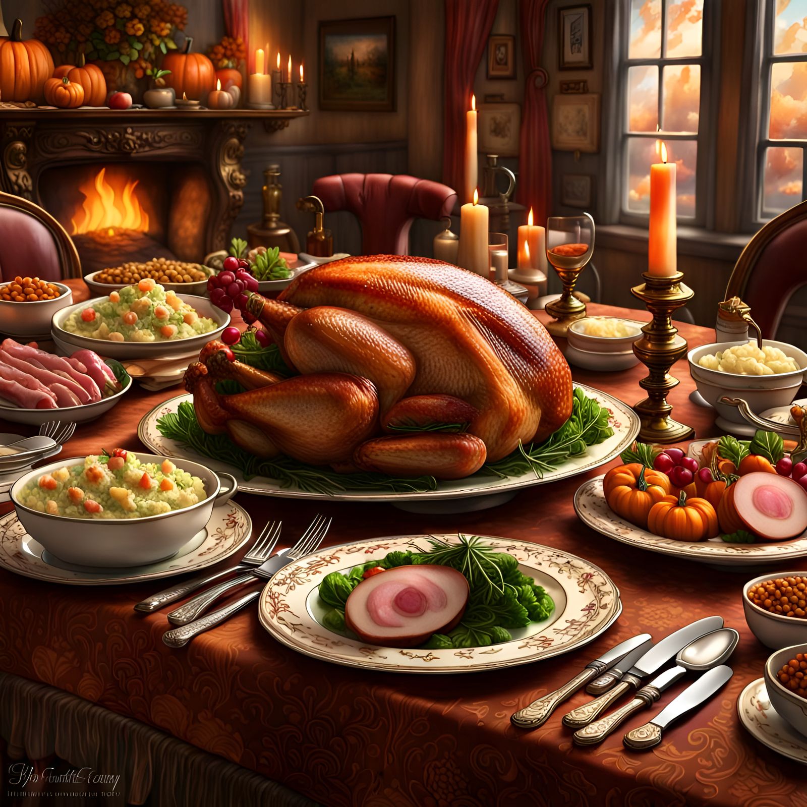 Detailed Thanksgiving Tablescape with Turkey and Ham