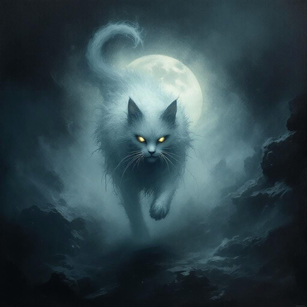 Spectral Cat in Eerie Moonlit Mist