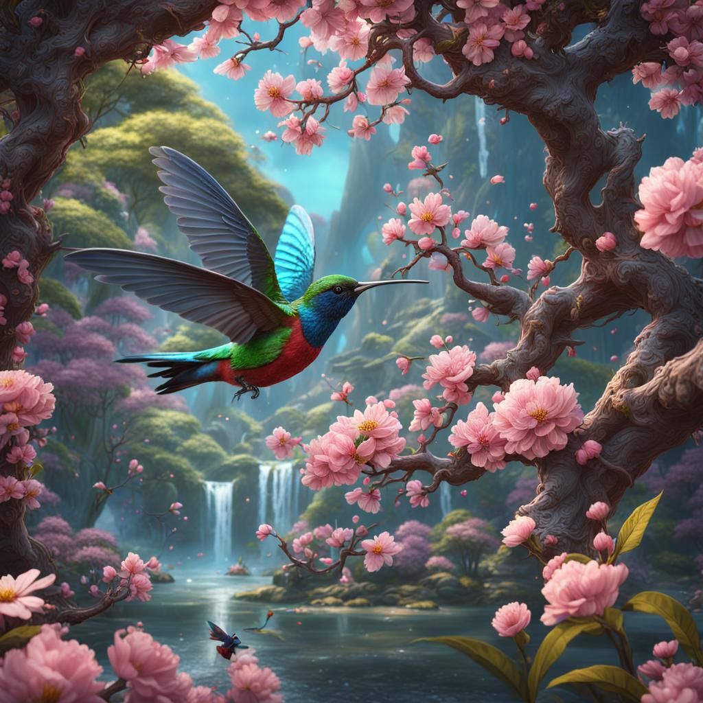 Hummingbird and Cherry Blossoms: Detailed Matte Painting