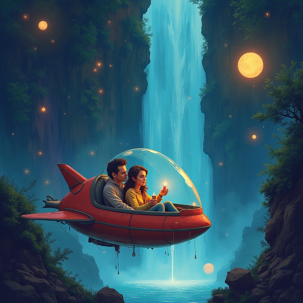 Dreamy Waterfall Scene: Couple in Spaceship with Chocolate