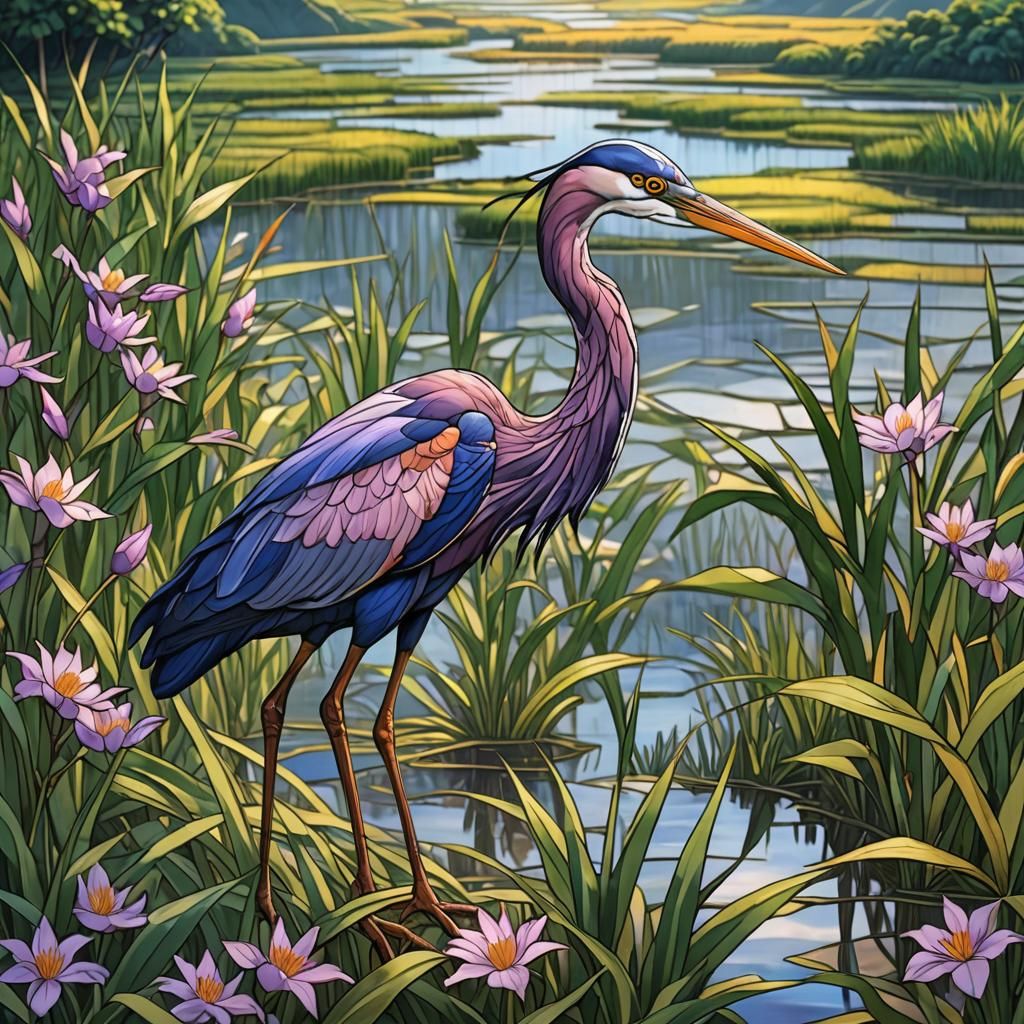 Purple Heron Stained Glass in Anime Style