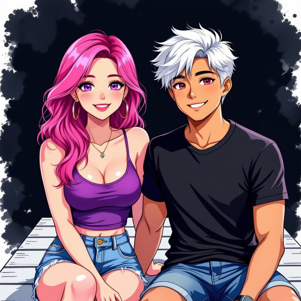 Smiling Couple on Dock in Alcohol Ink Style