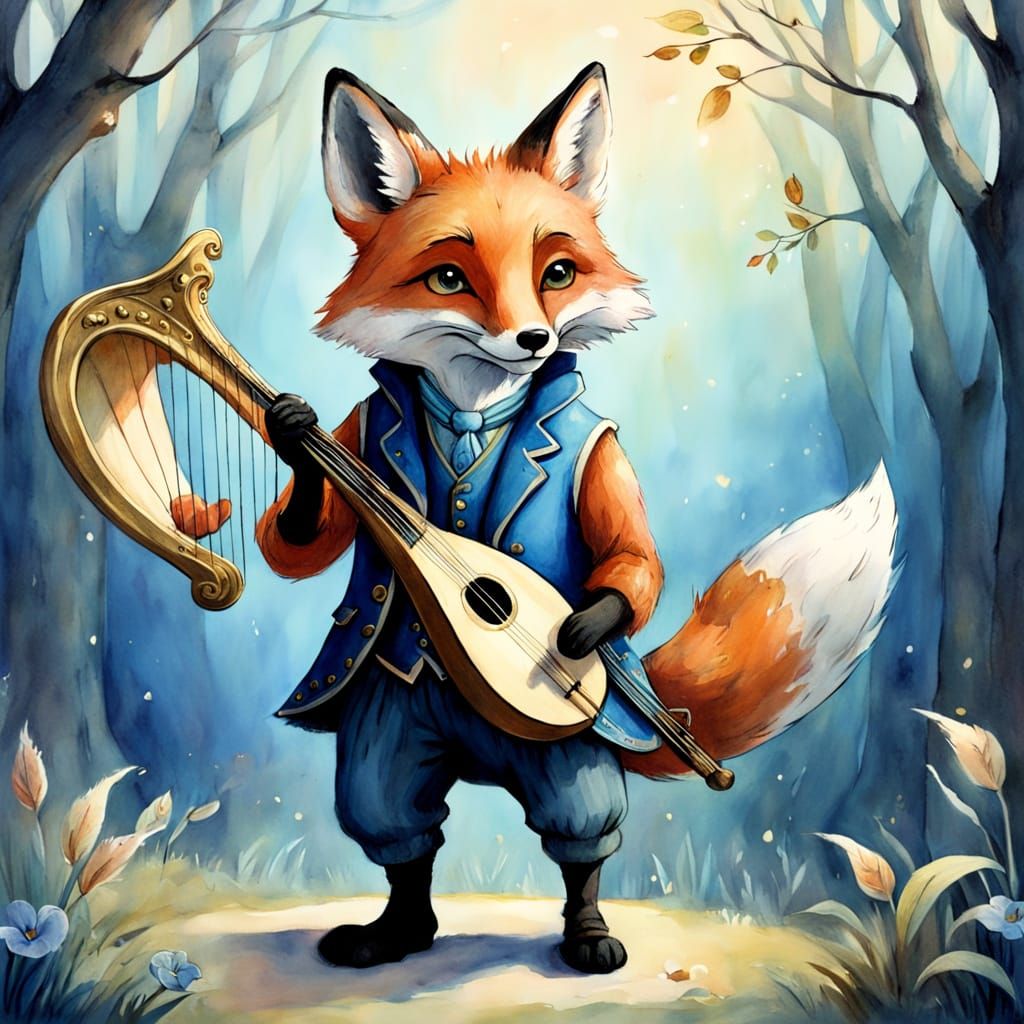 Whimsical Watercolor Fox Plays Harp in Dreamy Landscape