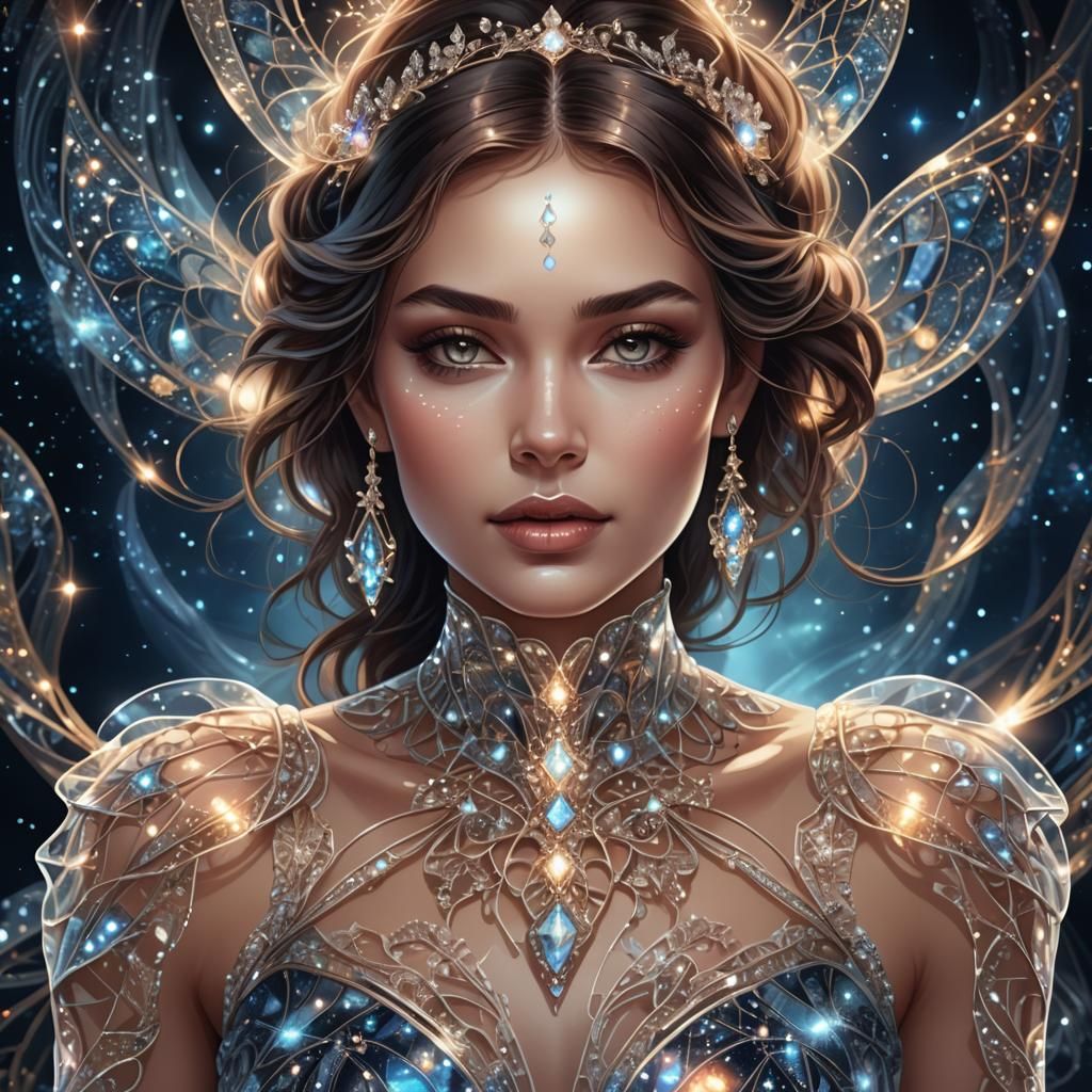 Woman in Glass Dress with Abstract Fractal Background