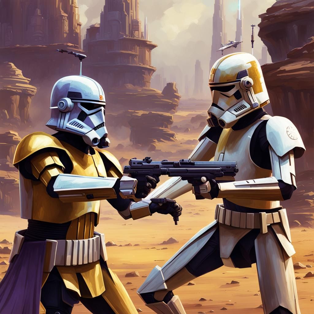 Clone Troopers Dueling Droids in Cosmic Art Style