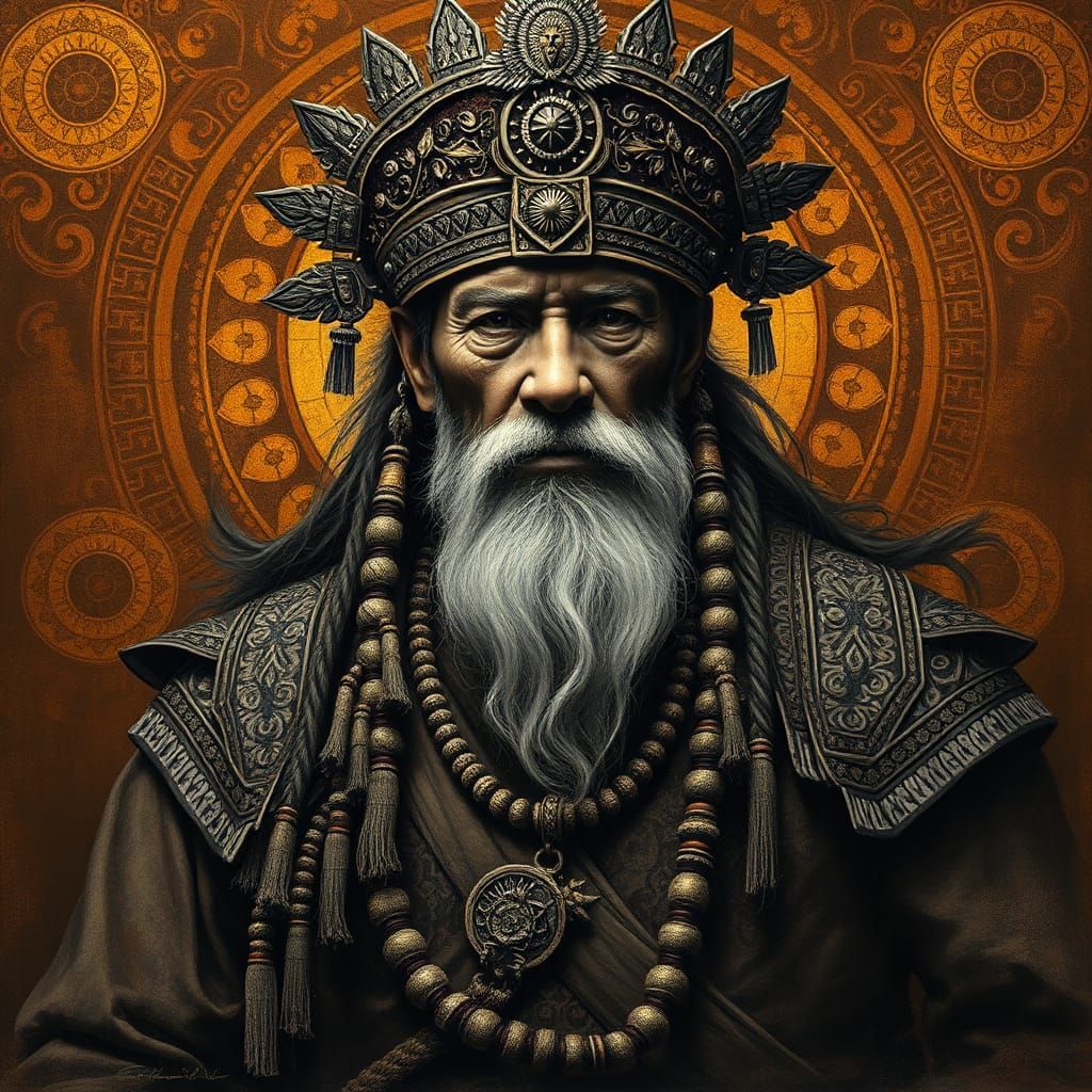 Elder Warrior Portrait in Klimt-Inspired Charcoal Style