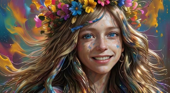 Bohemian Hippie Lady with Floral Accents, Luminism Photograp...