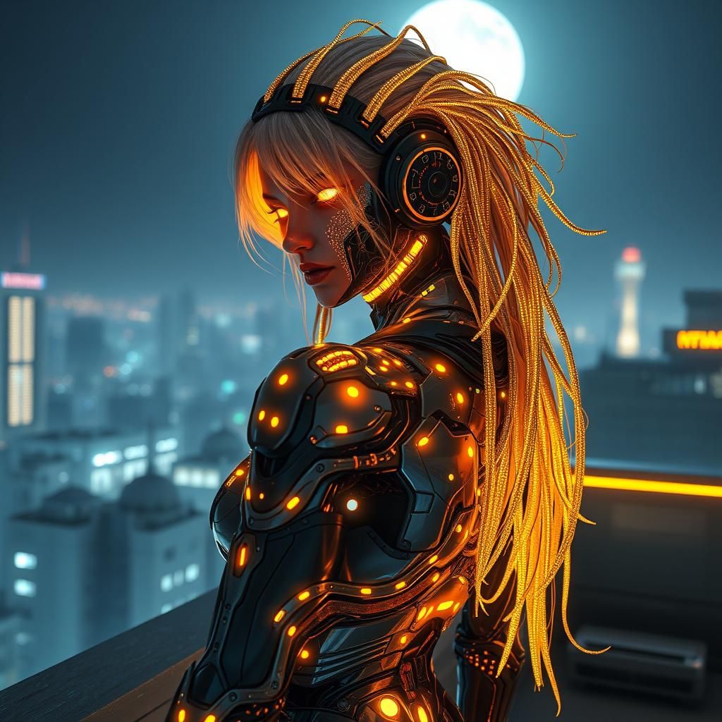 Female Cyborg Huntress on Rooftop at Night