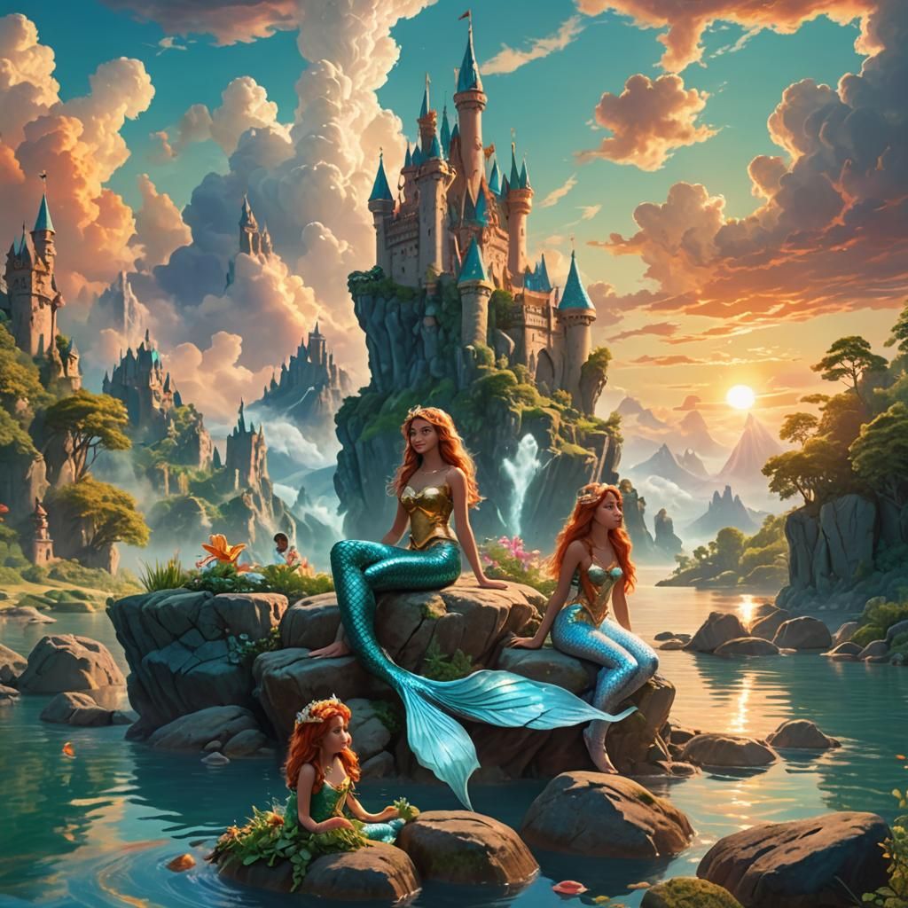 Fantasy Girls in Dreamlike Landscape, Detailed Matte Paintin...