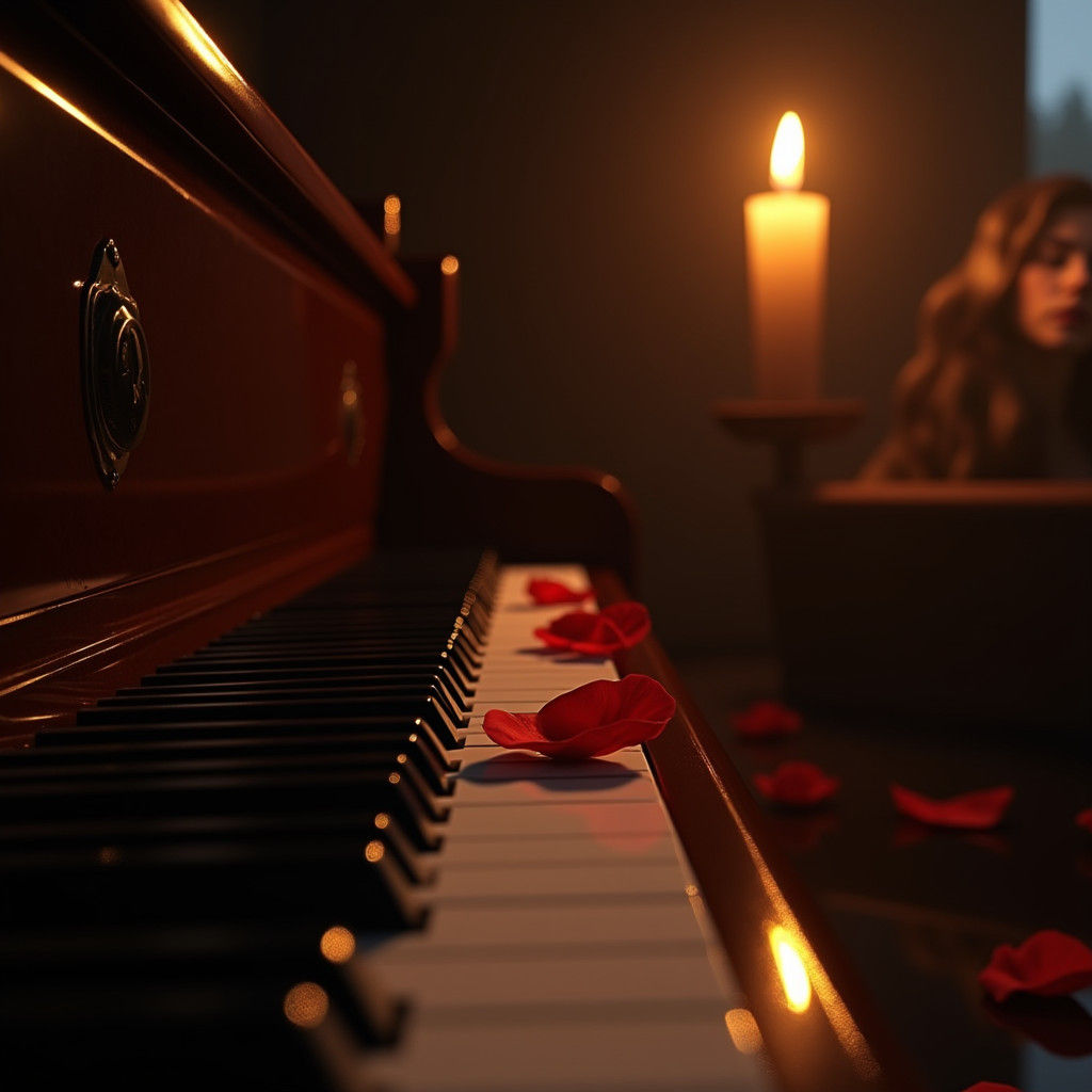 Candlelit Piano Keys with Roses, in Digital Art Style