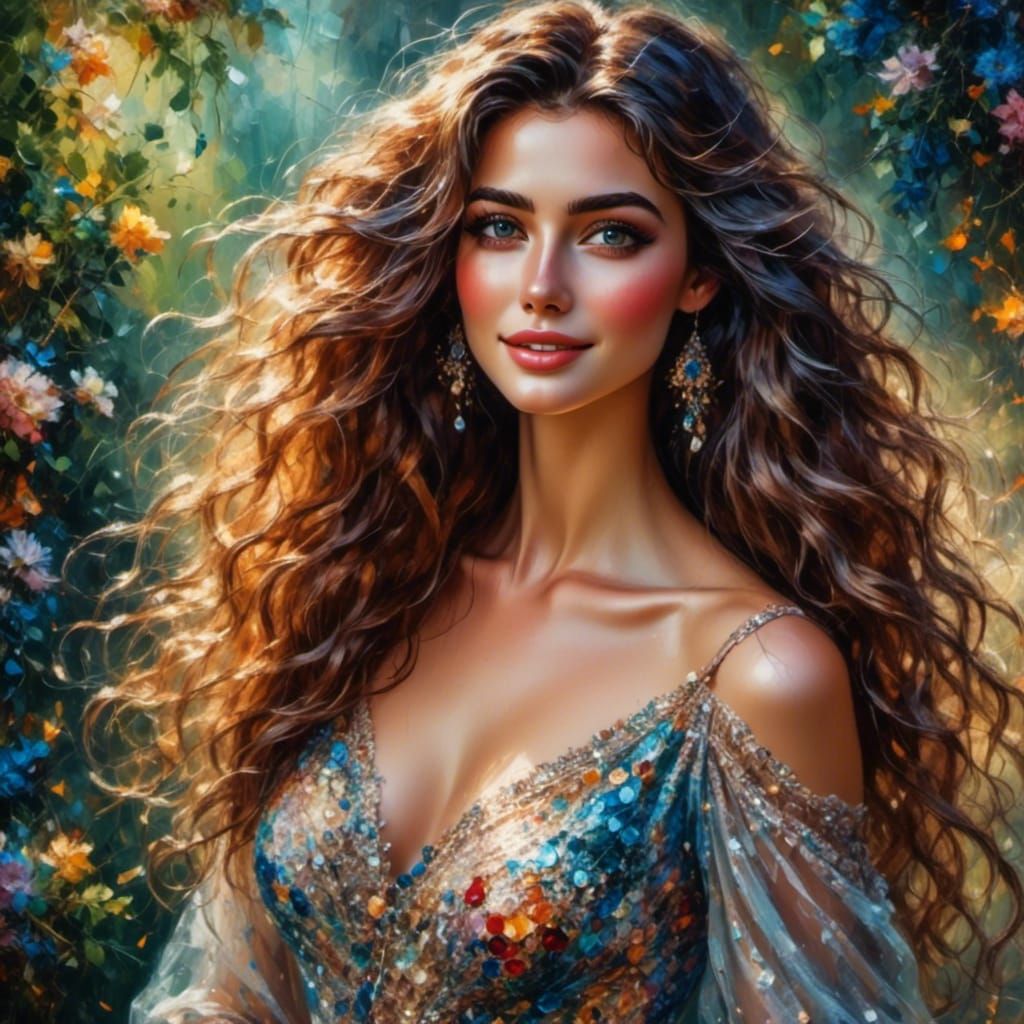 Beautiful Brunette with Sparkly Dress, Bohemian Style