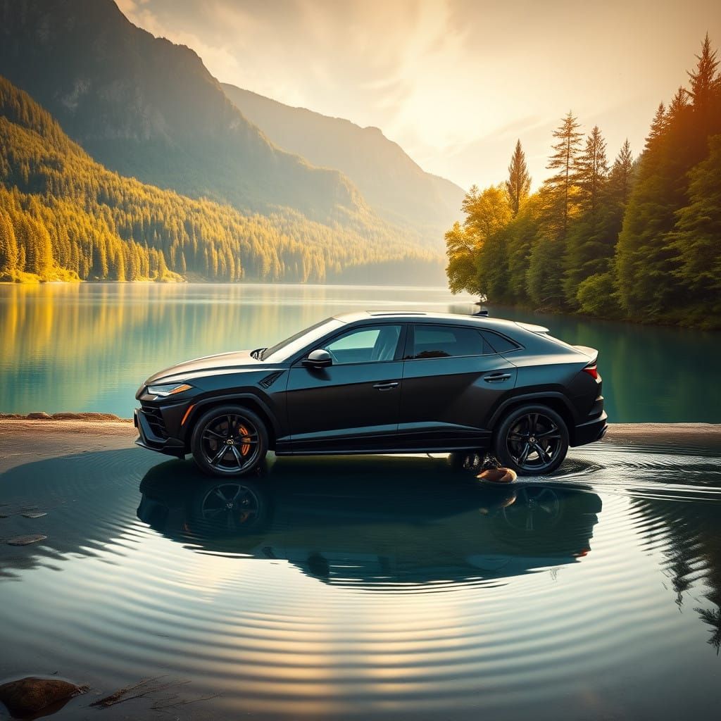 Luxury Lamborghini Urus Surrounded by Serene Lake Landscape