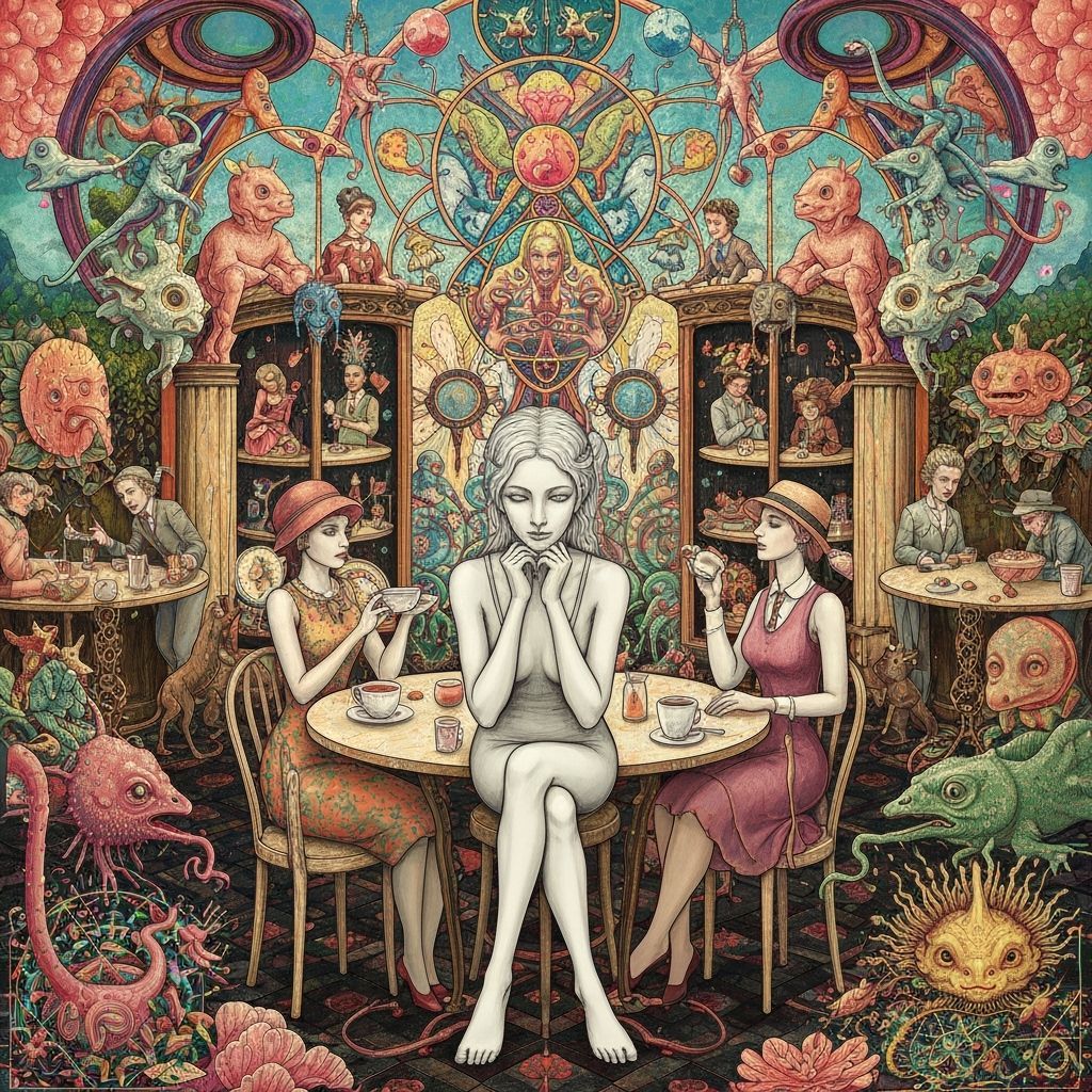 Surreal Cafe Scene with Figures in Maximalist Style