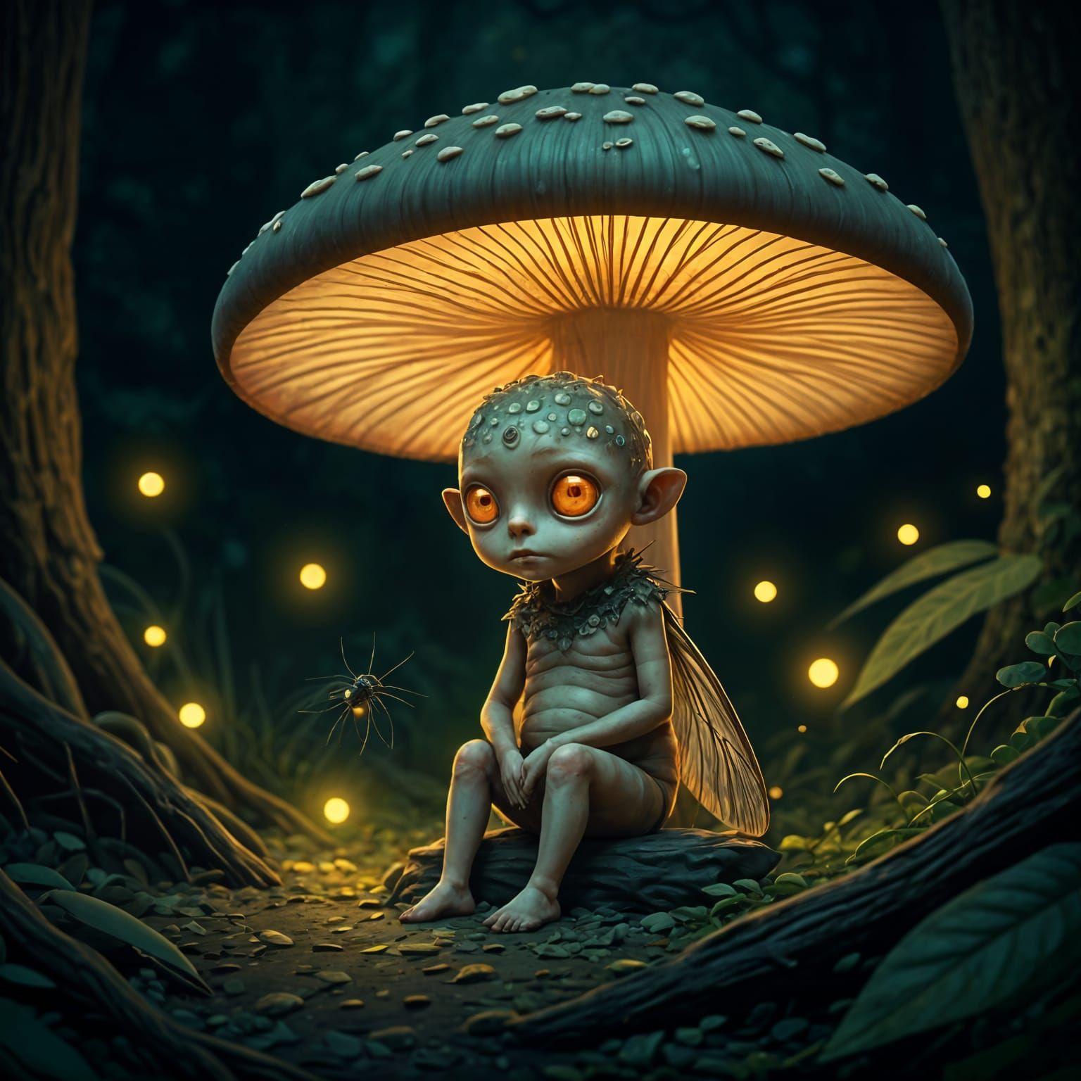 Eerie Child Under Glowing Mushroom Cap