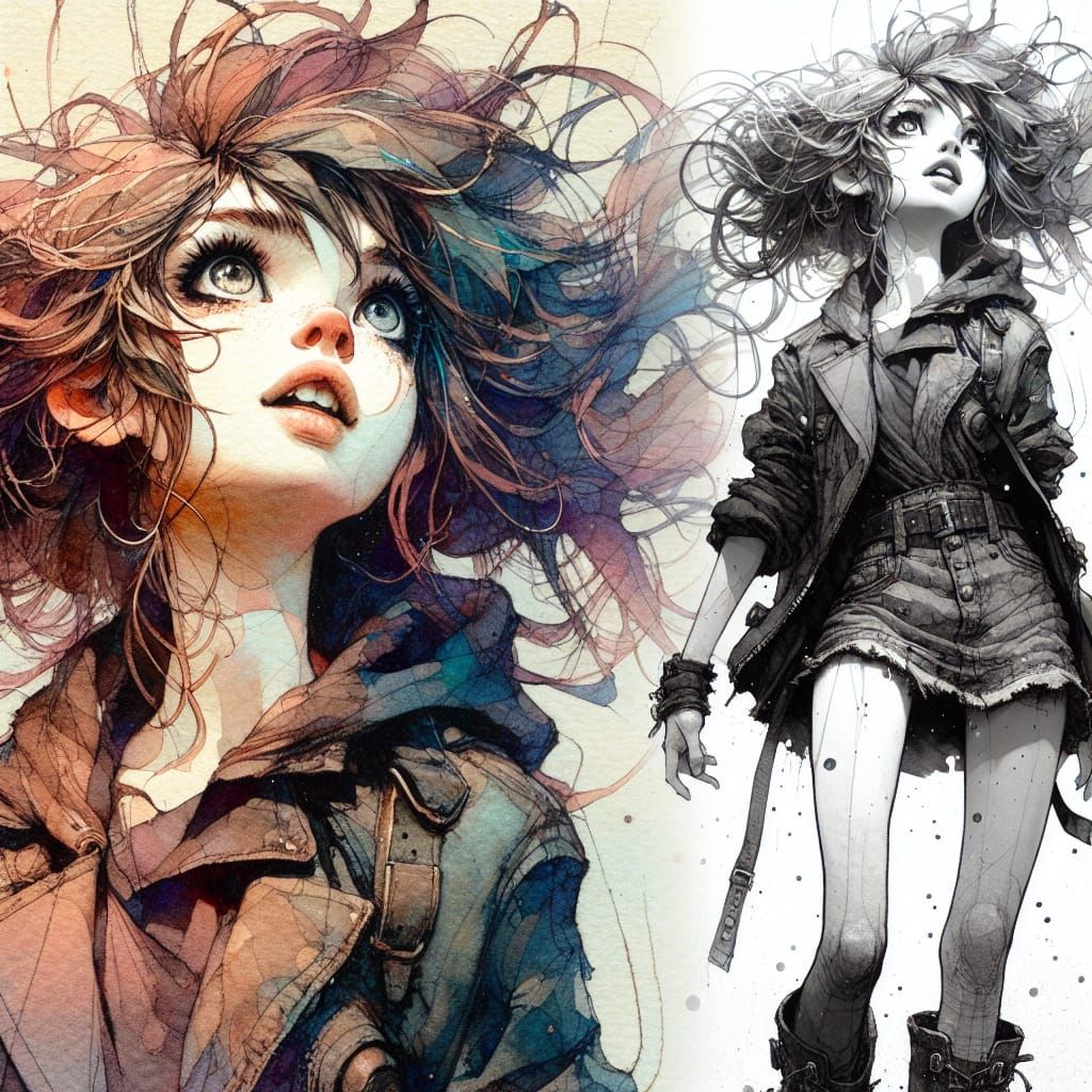 Expressive Watercolor Portrait of Girl with Wild Hair