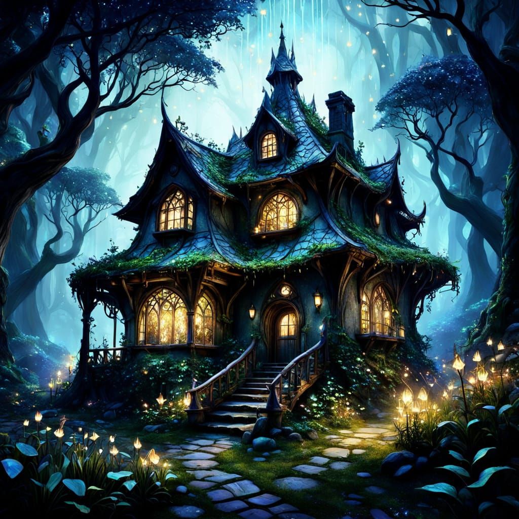 Whimsical Enchanted Mansion in a Sparkling Forest