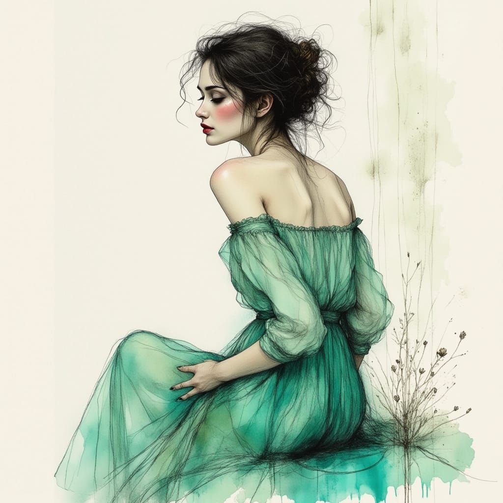 Seated Woman in Flowing Gown, Expressive Charcoal Style