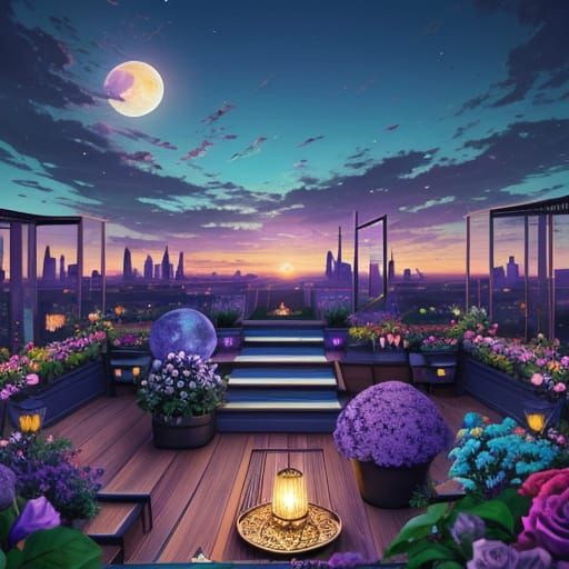 A rooftop garden bathed in turquoise and purple hues, capturing the moment between sunset and night.