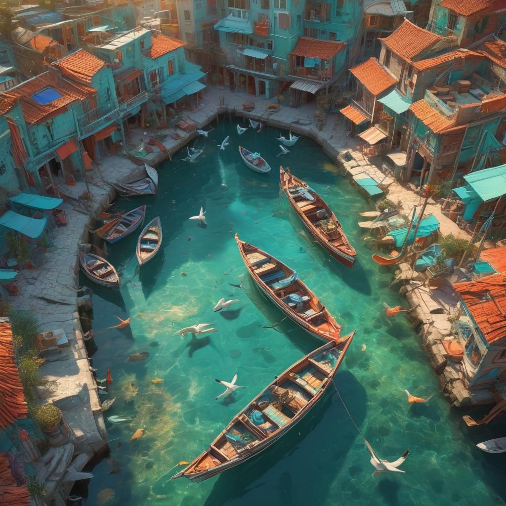 Drone view of a fantasy harbour full of boats. Beautiful landscape, sunset. 8k resolution holographic astral cosmic illu...