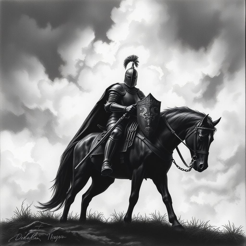 Black Knight on Horseback in Stormy Sky
