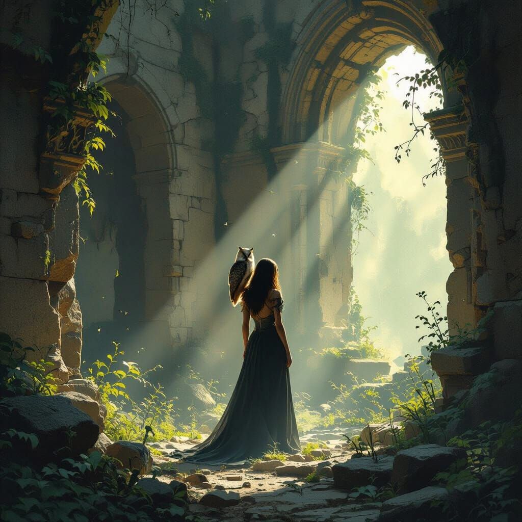 Woman and Owl in Ancient Ruins with Chiaroscuro Lighting