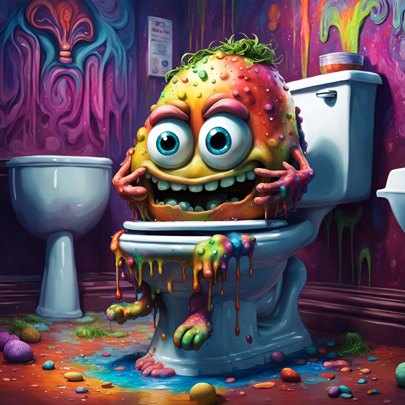 Angry Potato on Toilet in Psychedelic Art Style