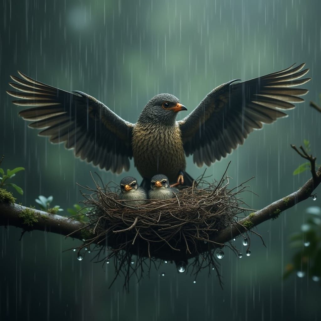 Mother Bird Forms Protective Canopy for Baby Birds in Heavy ...