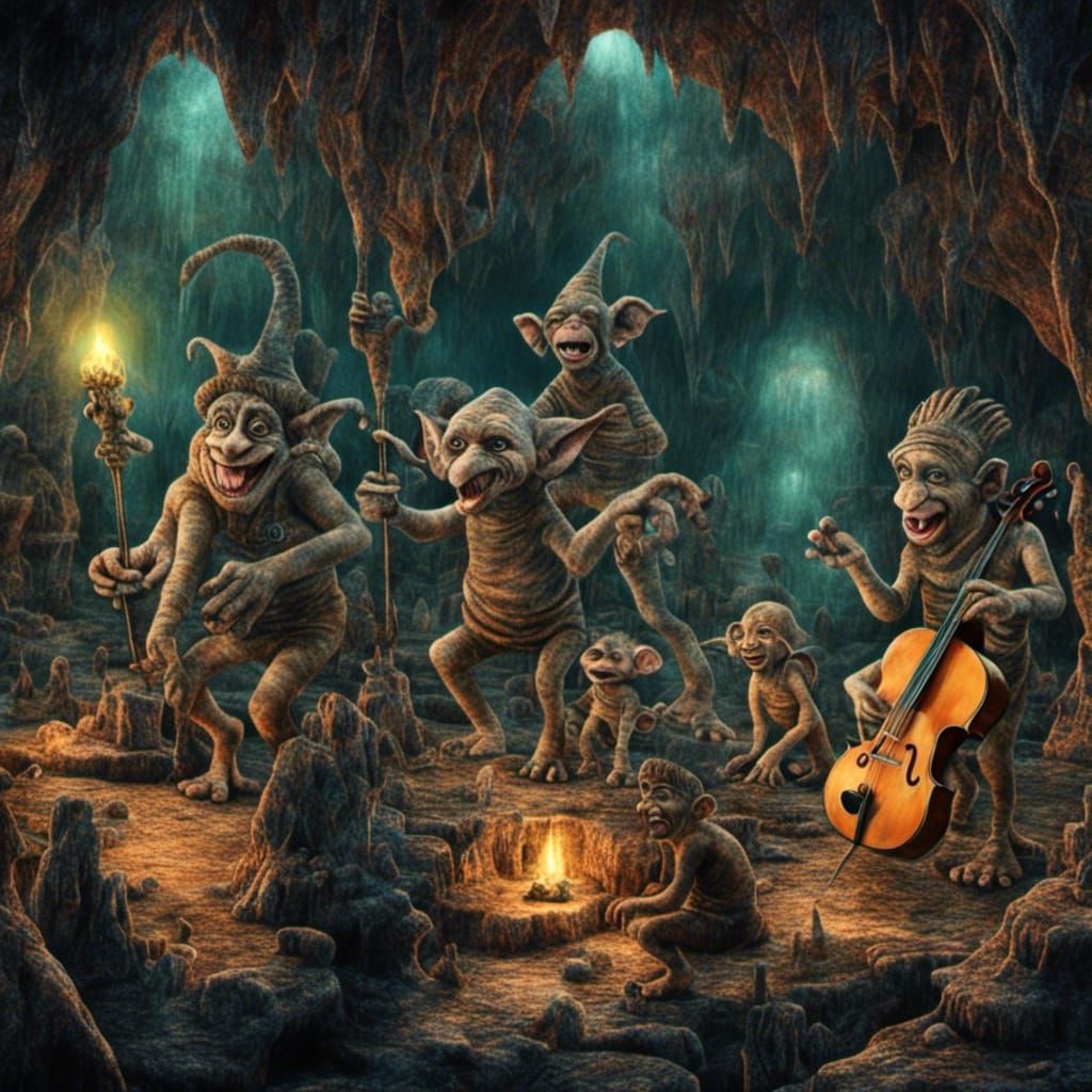 Troll Band Performance in Van Gogh Style Cavern