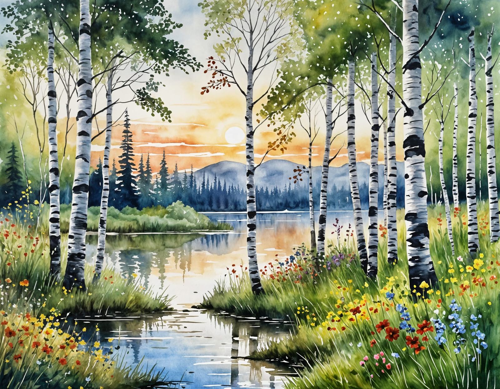 Watercolor Birch Trees and Wildflowers at Sunrise