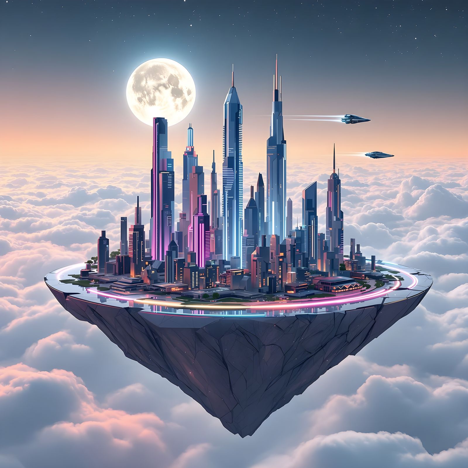 Futuristic Island City Floating in Starry Night Sky