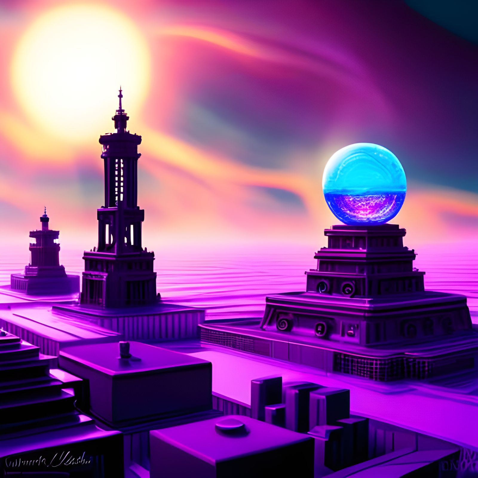 Bioluminescent Metal Ball Against Purple Nebula in Dieselpun...