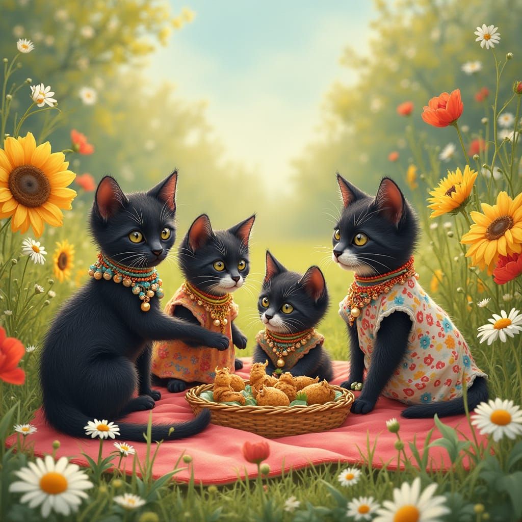 Bohemian Cat Family Picnic, Art Nouveau Style