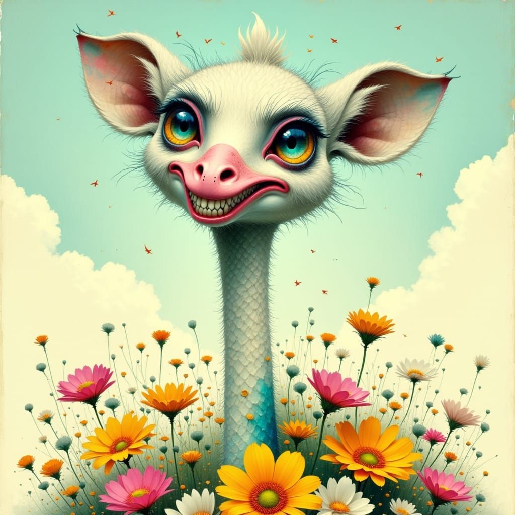 Whimsical Ostrich Portrait in Cartoon Style