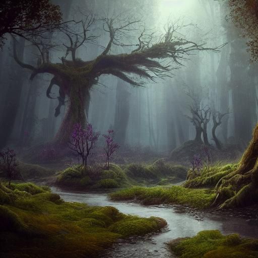 Ancient Runed Tree in Misty Forest, Digital Matte Painting