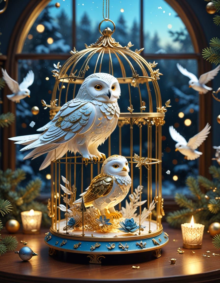 Ornate Birdcage with Escaping Songbirds in Surreal Landscape