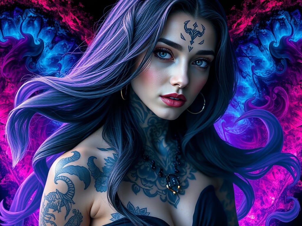 Mystic Tattooed Woman in Digital Gemstone Ink