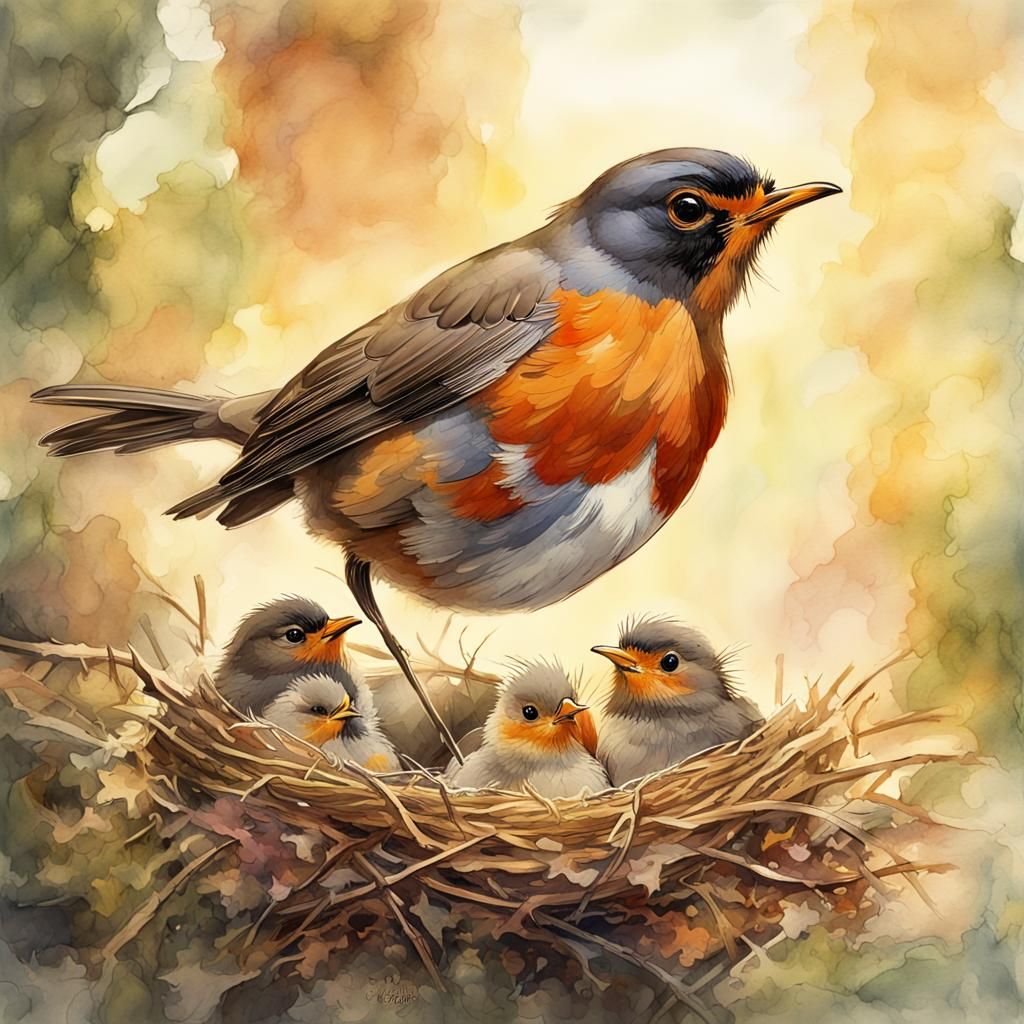 Robin Feeding Chicks: Digital Watercolor Illustration