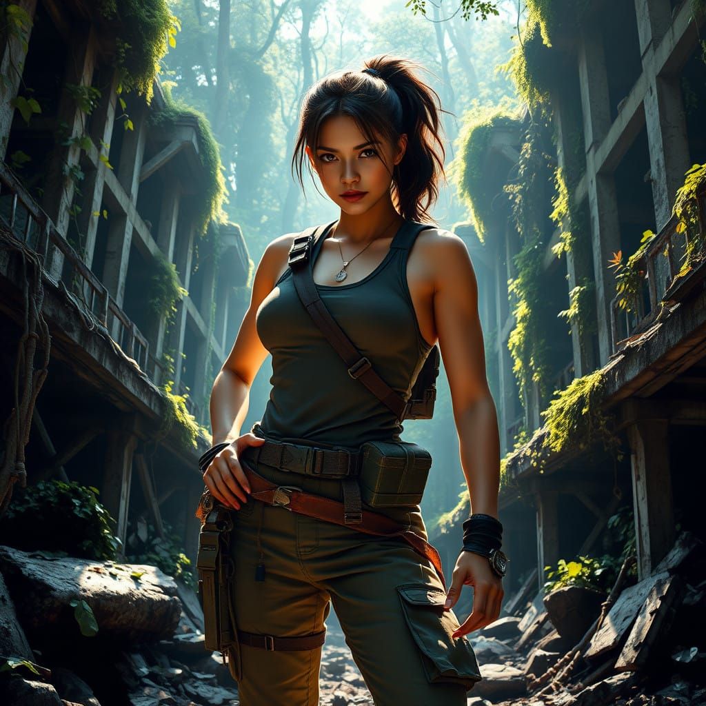 Survival Goddess in Overgrown City Ruins