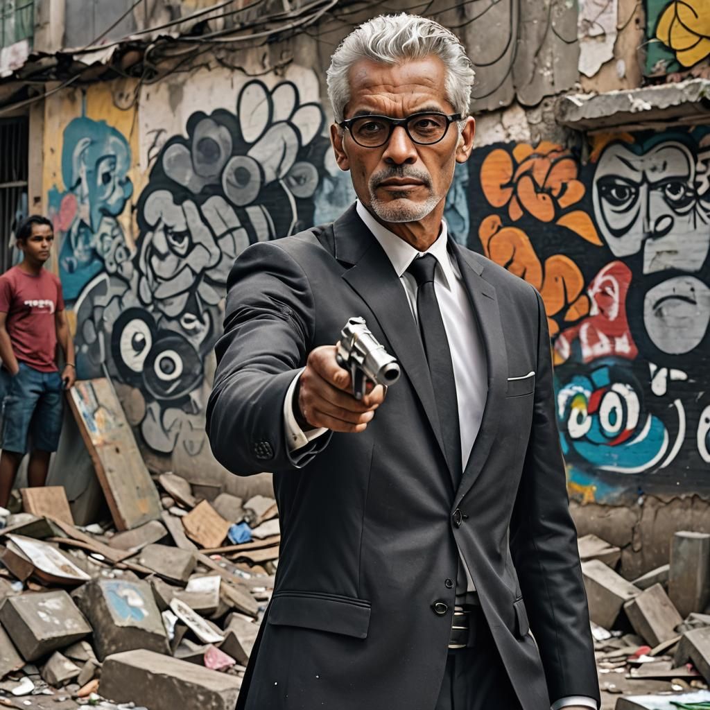 Confident Man with Gun in Rio Favela, Matte Painting