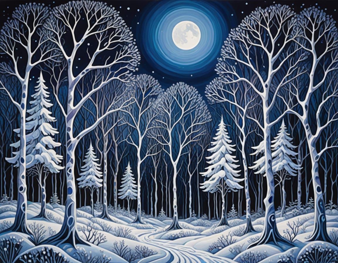 Surreal Winter Forest Acrylic Painting with Ethereal Trees