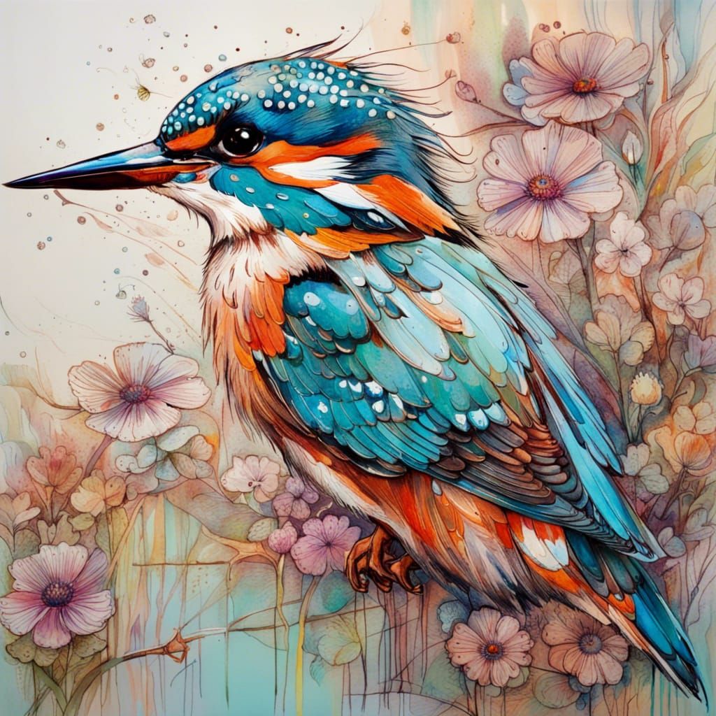 Kingfisher with Wildflowers in Impressionistic Style